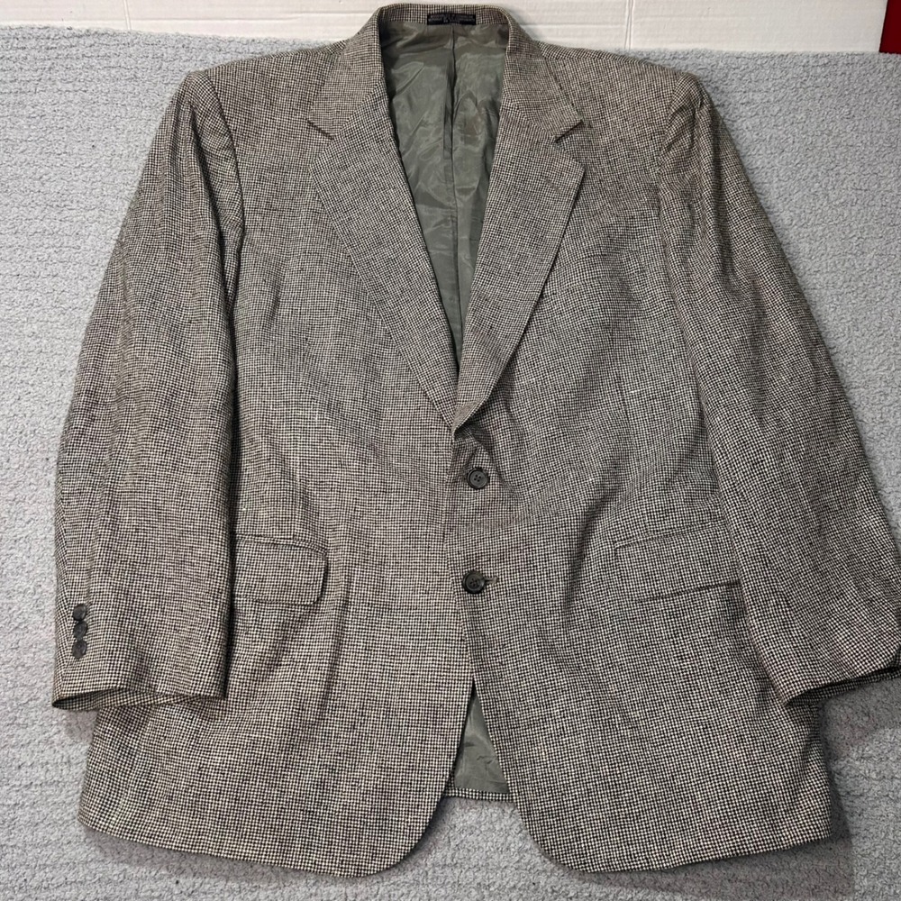 Towncraft 80s 70s Blazer Sport Coat 46R Black White Silk Houndstooth Academic